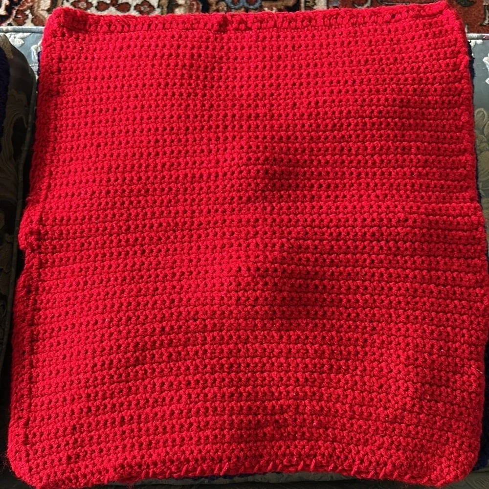 Hand Crafted Patriotic Red Knit Throw Pillow Cover 18 x 18 Hand Crochet Heirloom